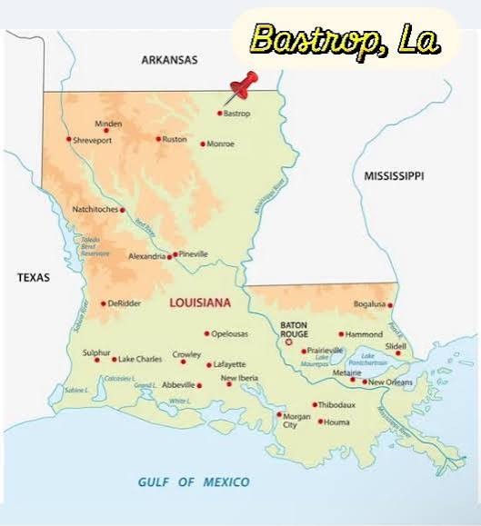 Map of Louisiana with a red pin marking Bastrop in the northeast corner, just south of the Arkansas line and northeast of Monroe