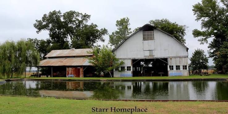 A white barn and tin-roofed shed reflected in a pond at Starr Homeplace